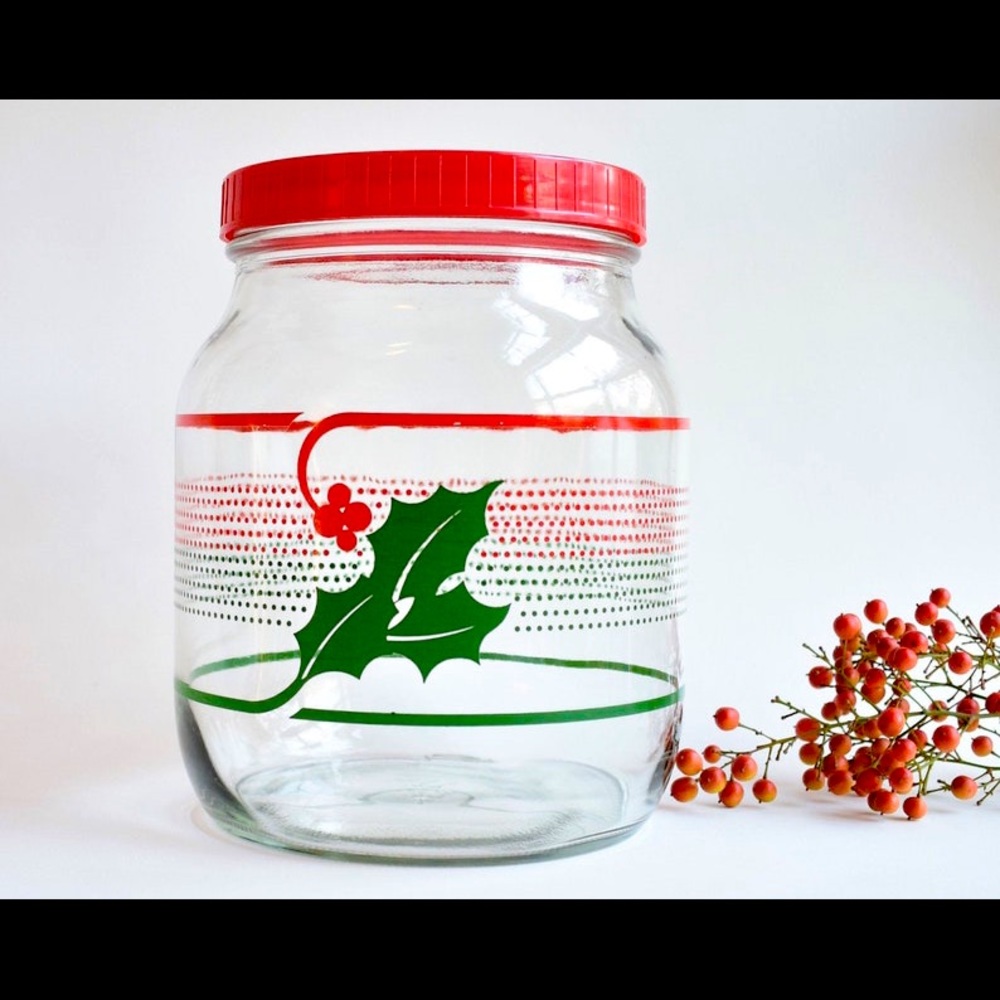 Vintage 80s Christmas Holly&Berries Candy Cookie Storage Jar With Screw Top Lid